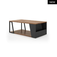 Tavolino Albi con piano in legno scuro e struttura nera. Design elegante e funzionale, ideale per un soggiorno moderno con spazio contenitivo.