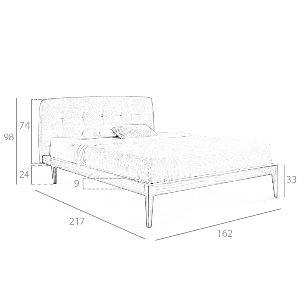 Disegno tecnico del Letto Luxor con misure, testiera capitonné in tessuto grigio e struttura in legno noce.