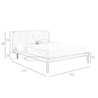 Disegno tecnico del Letto Luxor con misure, testiera capitonné in tessuto grigio e struttura in legno noce.