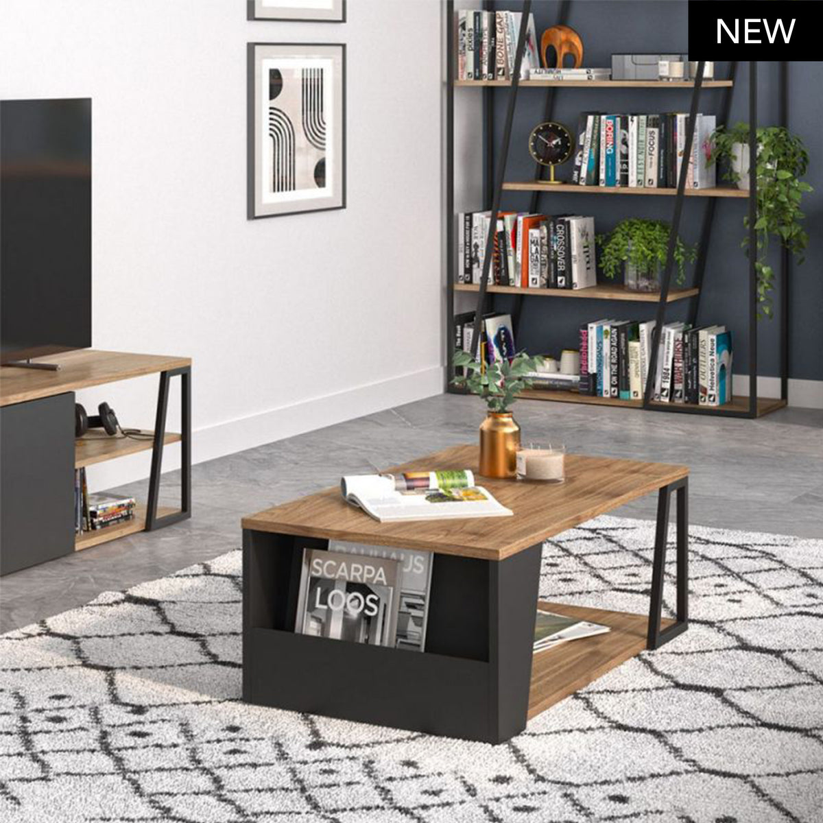 Tavolino Albi in soggiorno con tappeto chiaro e libreria coordinata. Design moderno con ripiano inferiore per libri e accessori decorativi.