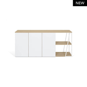 Credenza Albi: credenza in metallo trapezoidale, spazi aperti e chiusi, per arredamento sofisticato o rilassato. Misure: 190x45x81 cm.