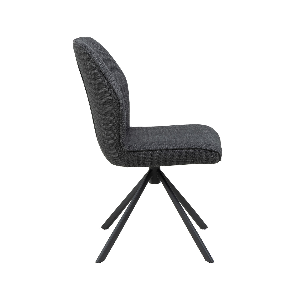 Vista laterale della sedia Ann grigio scuro con seduta ergonomica e base girevole in metallo nero, perfetta per il comfort.