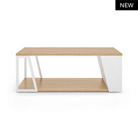 Tavolino Albi con finitura legno naturale e struttura bianca. Perfetto per un ambiente moderno e raffinato con spazio per riporre oggetti.