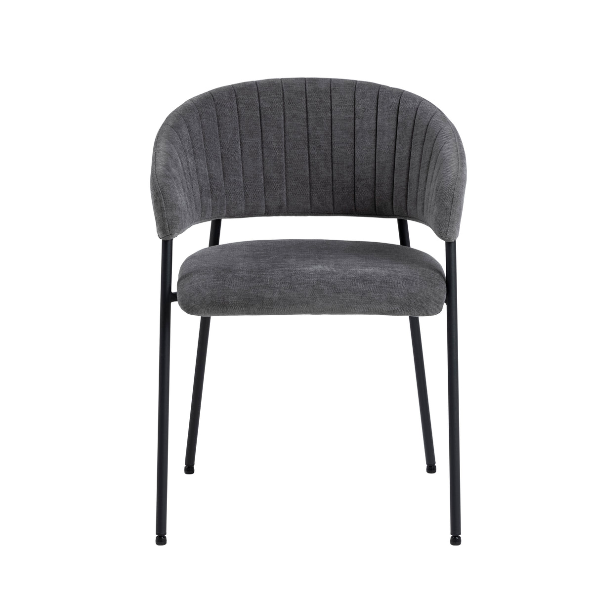 Vista frontale della sedia Brooke grigia con seduta imbottita e gambe nere, ideale per comfort e stile.