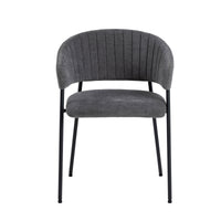 Vista frontale della sedia Brooke grigia con seduta imbottita e gambe nere, ideale per comfort e stile.