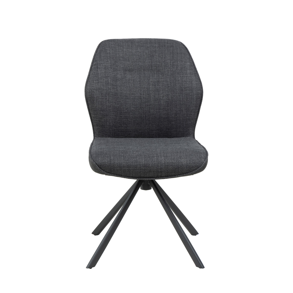 Vista frontale della sedia Ann grigio scuro con seduta imbottita e base in metallo nero, design elegante e funzionale.