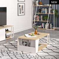 Tavolino Albi in soggiorno con tappeto geometrico e libreria coordinata. Design funzionale con ripiano inferiore per libri e accessori decorativi.