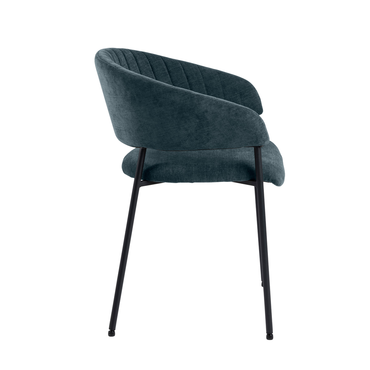 Vista laterale della sedia Brooke verde scuro con schienale curvo e gambe nere, ideale per spazi contemporanei.