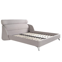 Letto Malung senza materasso, con base multi-letto in legno e struttura in tessuto grigio chiaro, gambe in acciaio inox nero.