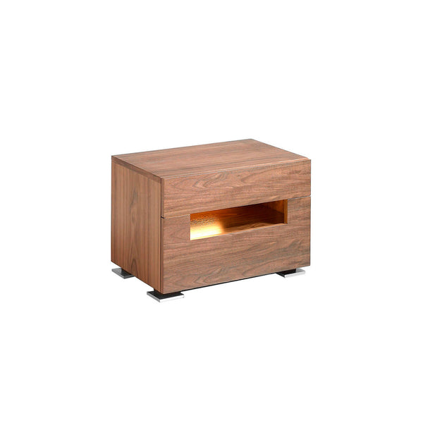 Comodino Nancy in legno impiallacciato noce con led, due cassetti e sistema chiusura rallentata. Misure 58x38x41 cm. Design moderno ideale per ogni camera.