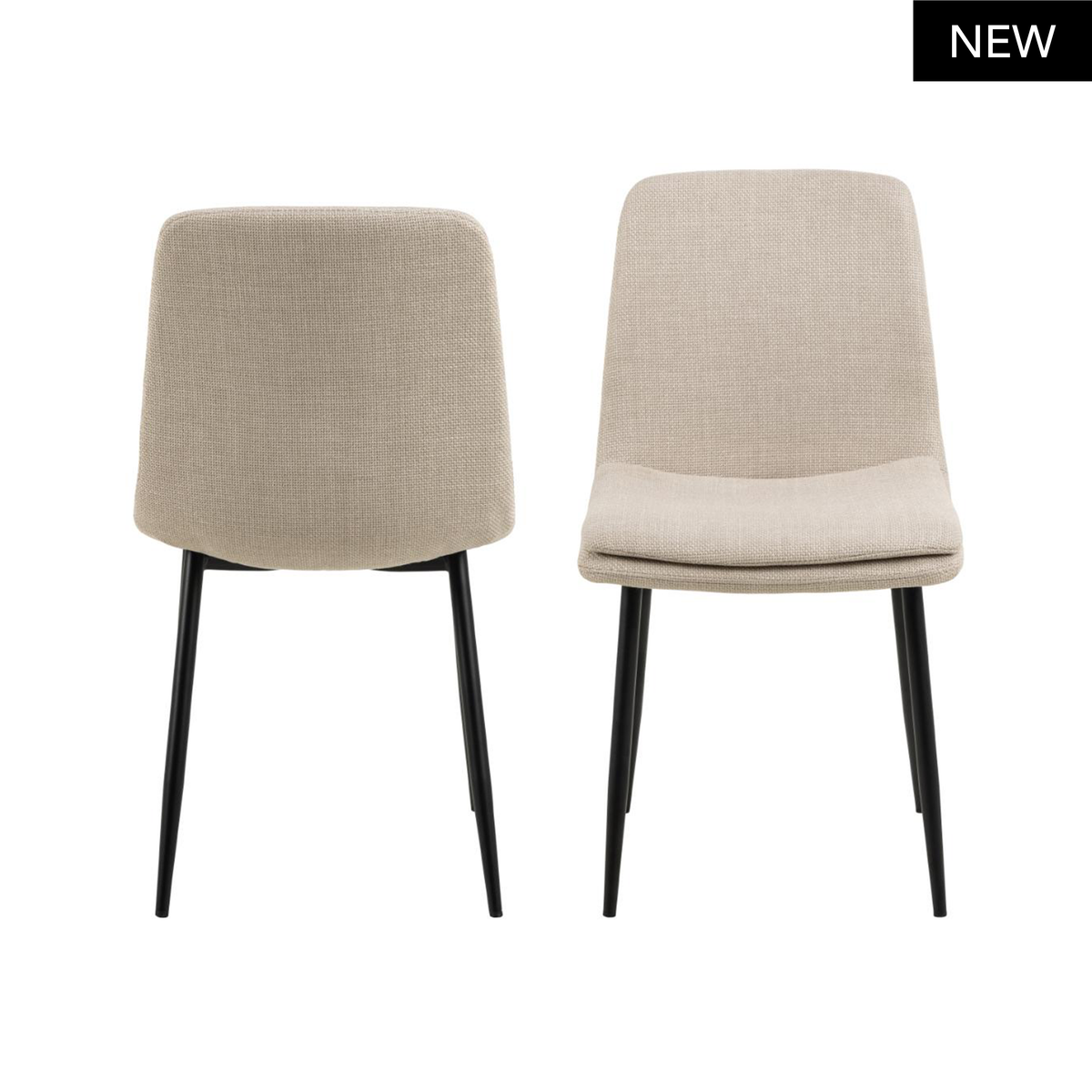 Vista frontale e posteriore della Sedia Bella beige, con seduta imbottita e gambe in metallo nero, stile elegante.