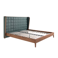 Letto Madrid con base multi-letto in legno di pino e testata verde scuro trapuntata, struttura in legno noce naturale.