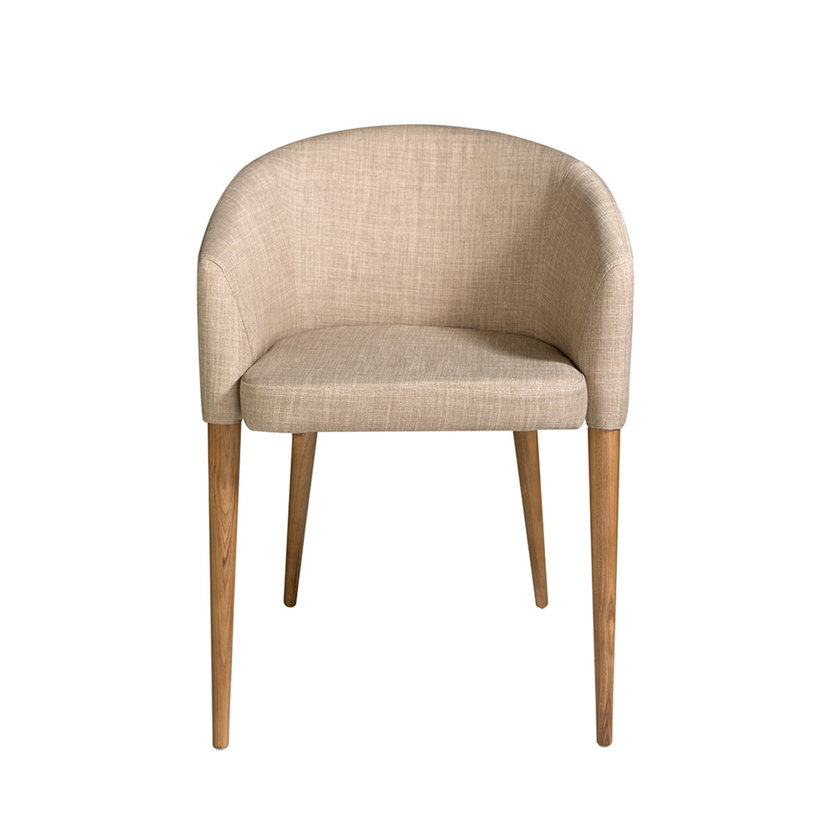 Sedia Lowell moderna con braccioli in tessuto beige e gambe in legno, design minimalista e confortevole.