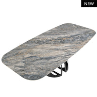 Scopri il Tavolo Ade: design moderno e resistente, piano in marmo porcellanato blu, gambe in acciaio nero. Eleganza e comfort per 10 commensali. Acquistalo ora!