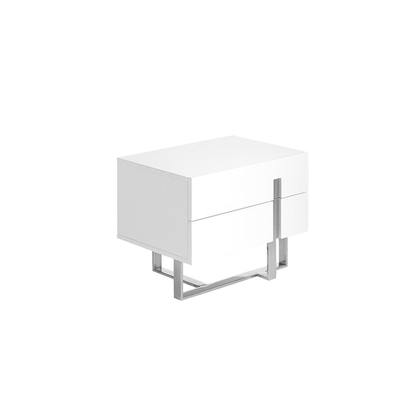 Scopri Comodino Nara: moderno, in DM laccato bianco lucido con gambe in acciaio inox. Perfetto in camera da letto. Misure: 60x42x45 cm, montato.