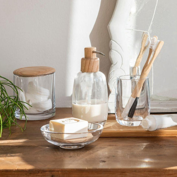 Dispenser in vetro trasparente e legno