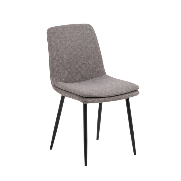 Sedia Bella in tessuto grigio con gambe in metallo nero, design moderno e minimalista. Perfetta per arredare sale da pranzo eleganti.