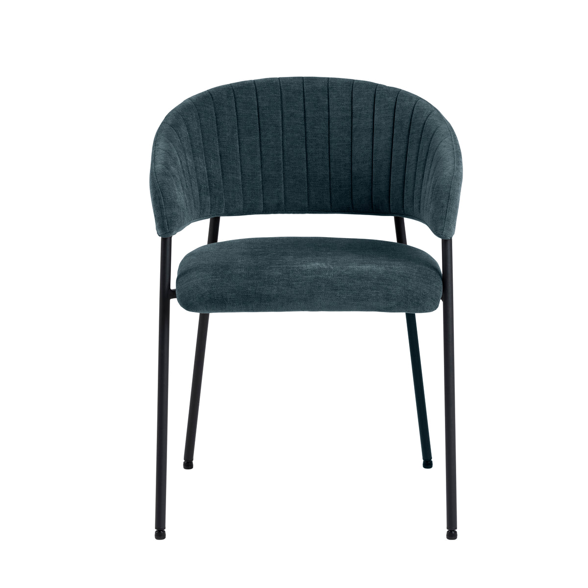 Vista frontale della sedia Brooke verde scuro con seduta imbottita e gambe nere, perfetta per arredamento moderno.