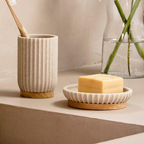 Portasapone in poliresina beige e legno
