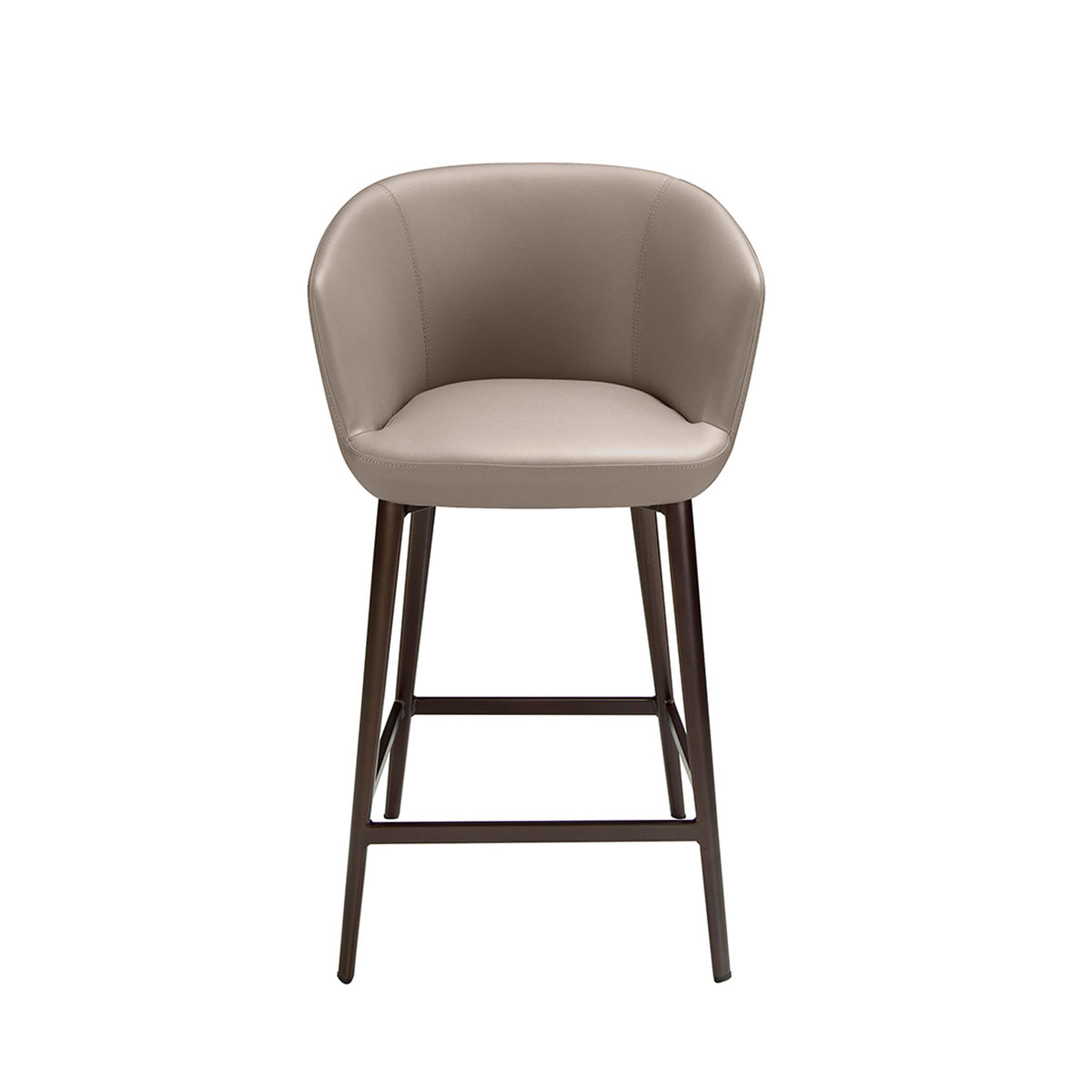 Scopri lo sgabello Gaia, con seduta ecopelle grigia e gambe inox marrone. Unisce comfort e design moderno per cucina e sala. Misure: 56x53x91 cm.