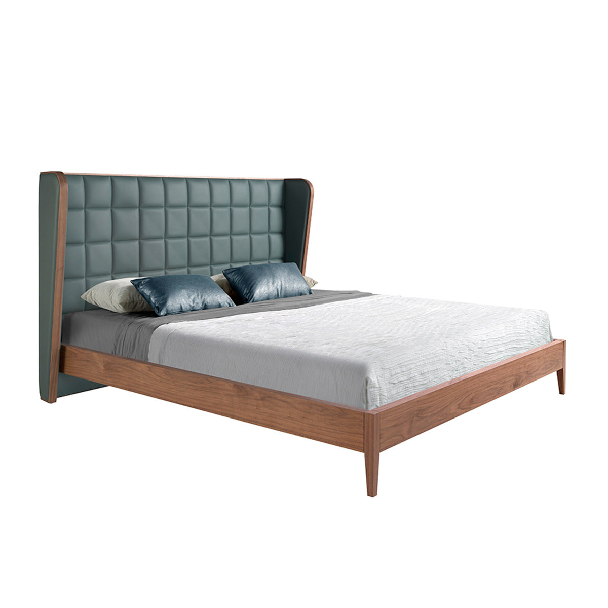 Letto Madrid con testata in ecopelle verde scuro trapuntata e struttura in legno impiallacciato in noce naturale, design moderno.