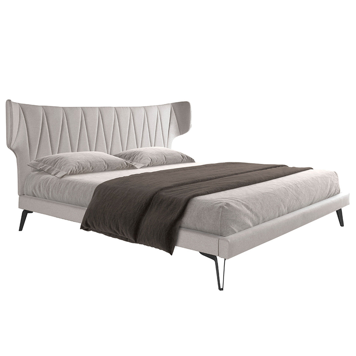 Letto Mandela con testata moderna e struttura in tessuto grigio chiaro, gambe in acciaio inox nero, design elegante per camera da letto.