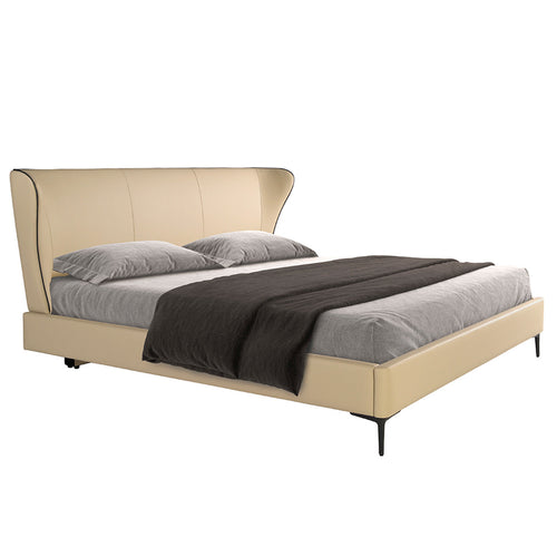 Letto Marina matrimoniale con testata in similpelle crema e gambe in acciaio inox. Design moderno e raffinato.