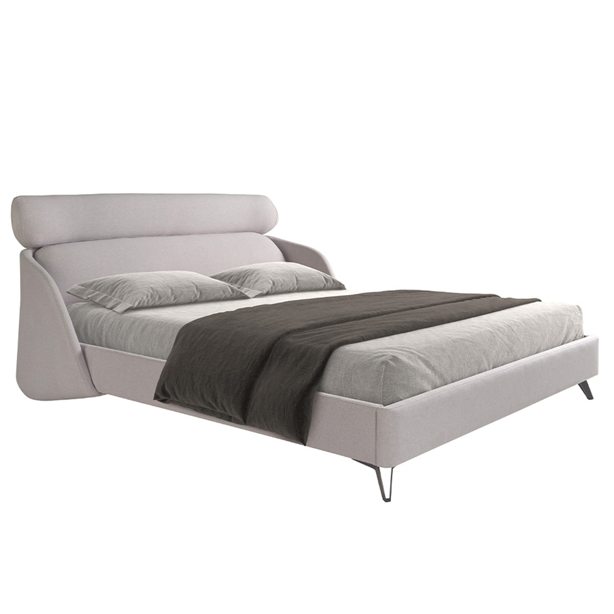 Letto Malung matrimoniale con design moderno, testata imbottita e struttura in tessuto grigio chiaro, gambe in acciaio inox nero.