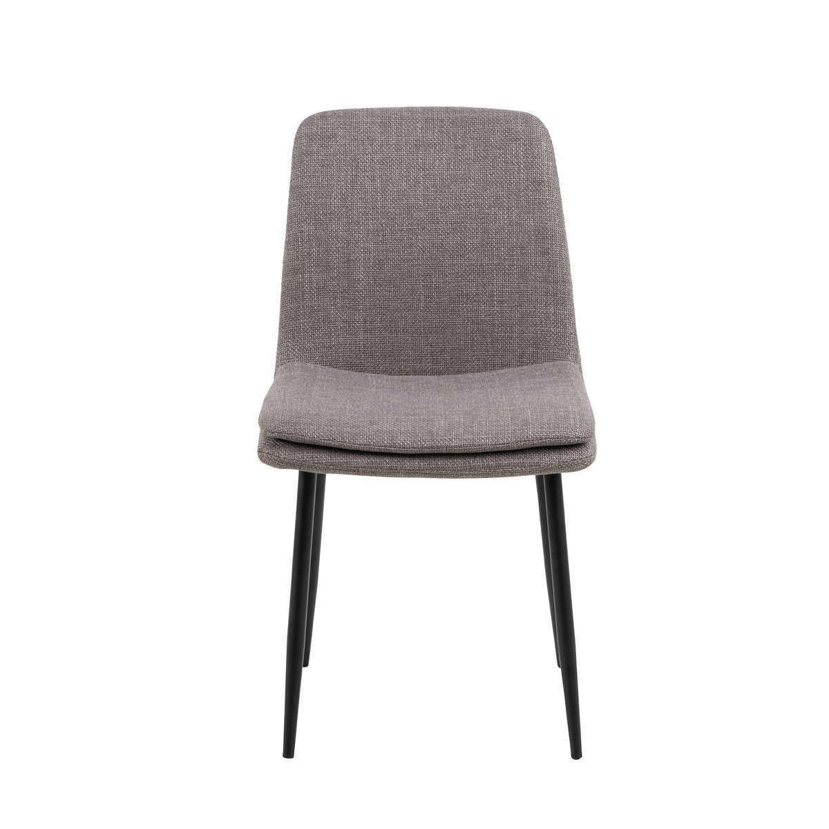 Vista frontale della Sedia Bella in tessuto grigio con gambe in metallo nero, design elegante e confortevole.