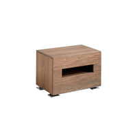 Comodino Nancy in legno impiallacciato noce con led, due cassetti e sistema chiusura rallentata. Misure 58x38x41 cm. Design moderno ideale per ogni camera.