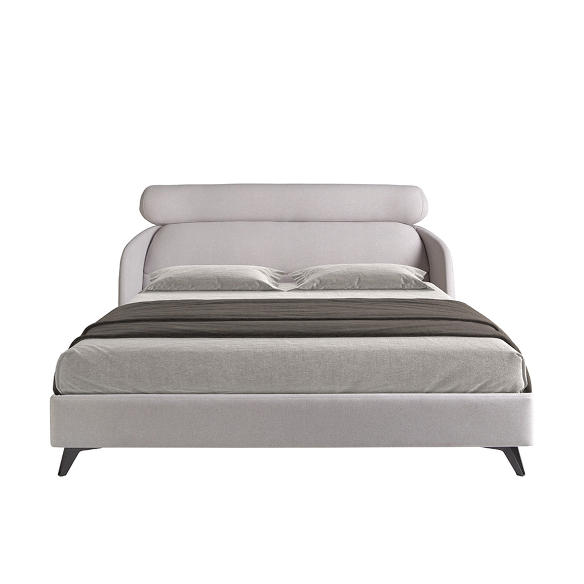 Vista frontale del Letto Malung con testata imbottita e struttura in tessuto grigio chiaro, ideale per camere da letto moderne.
