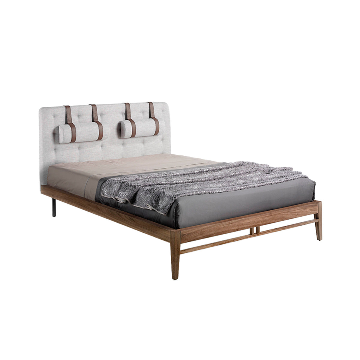 Letto Lusiana con struttura in legno impiallacciato noce naturale e rivestimento in tessuto grigio, testiera capitonné con poggiatesta in similpelle.