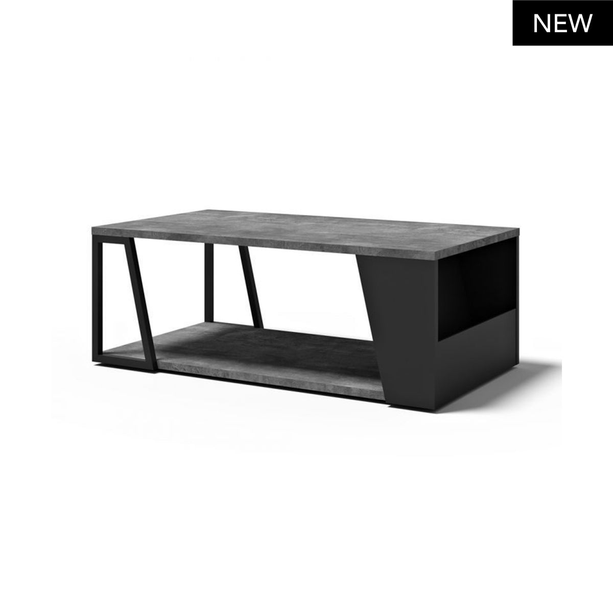 Tavolino Albi con piano effetto cemento e struttura in metallo nero. Design contemporaneo e pratico, perfetto per arredare il soggiorno con stile.