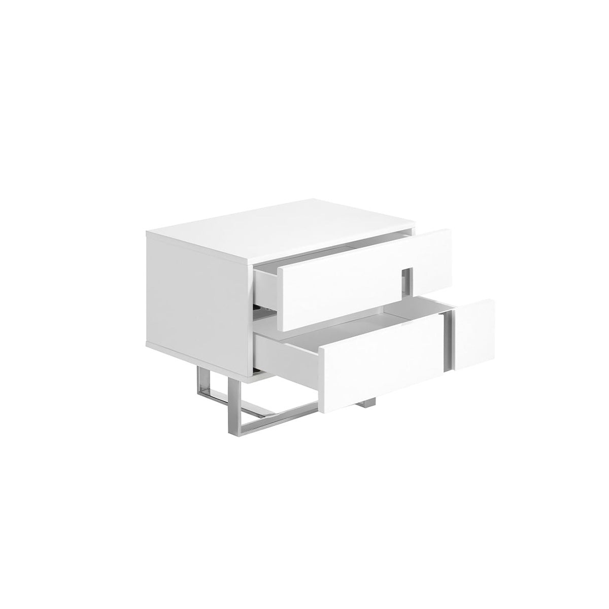 Scopri Comodino Nara: moderno, in DM laccato bianco lucido con gambe in acciaio inox. Perfetto in camera da letto. Misure: 60x42x45 cm, montato.