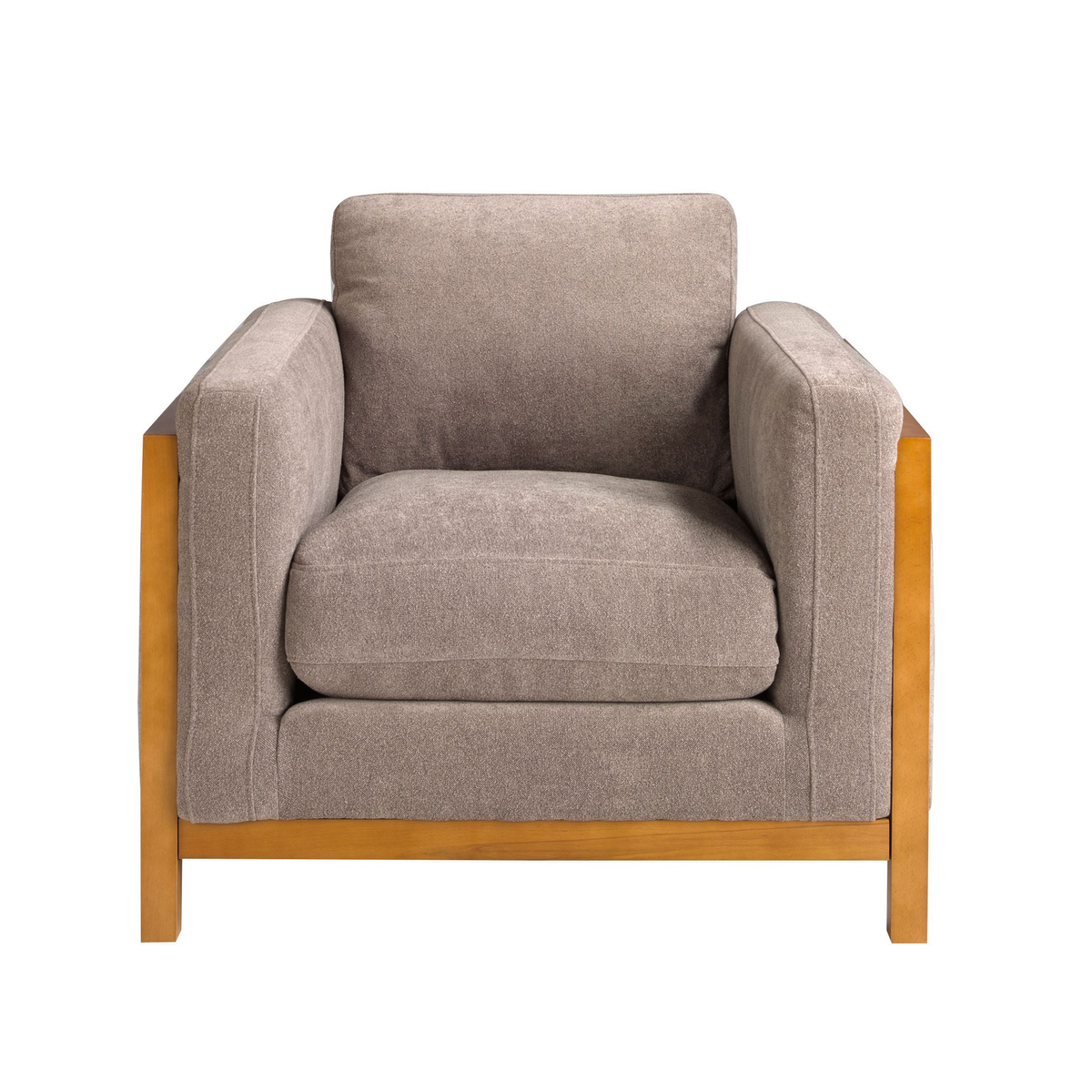 Poltrona Daniel con seduta tessuto marrone e struttura in legno chiaro. Perfetta per arredare salotti moderni con comfort e stile.