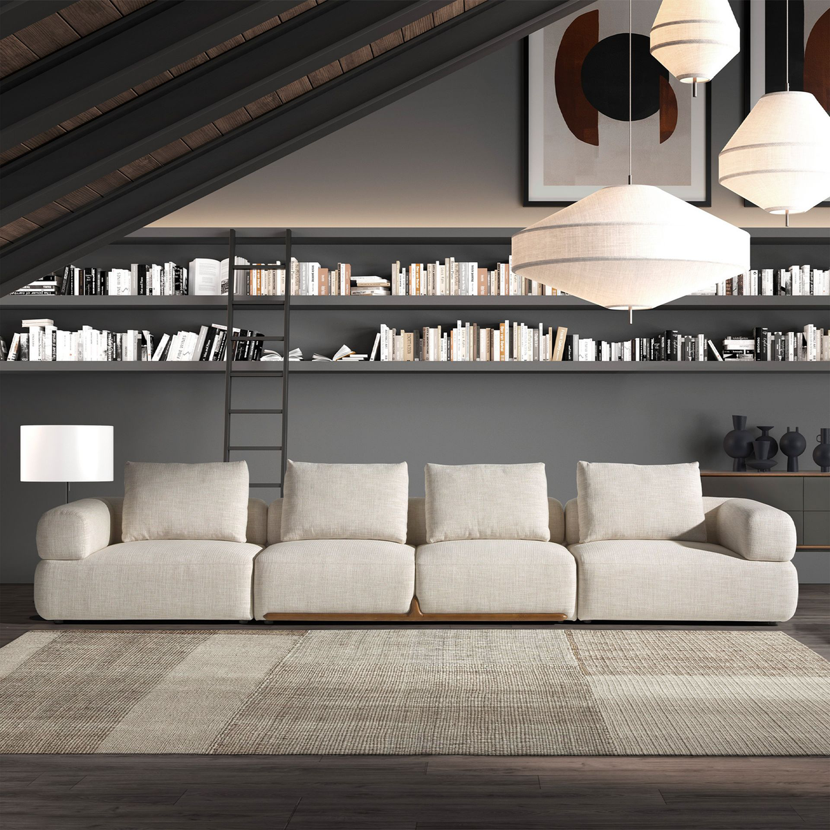 Divano Gustav moderno a 4 posti in tessuto beige, sfoderabile, con gambe in PVC. Perfetto per salotti eleganti, dimensioni 396x105x90cm.