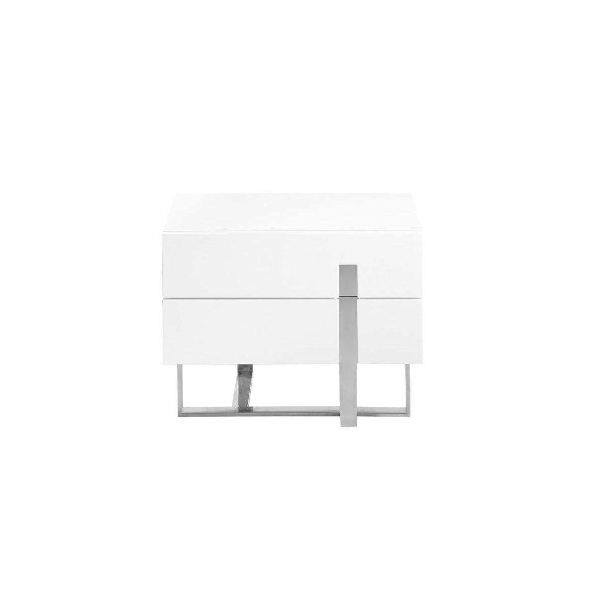 Scopri Comodino Nara: moderno, in DM laccato bianco lucido con gambe in acciaio inox. Perfetto in camera da letto. Misure: 60x42x45 cm, montato.