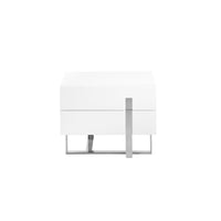 Scopri Comodino Nara: moderno, in DM laccato bianco lucido con gambe in acciaio inox. Perfetto in camera da letto. Misure: 60x42x45 cm, montato.