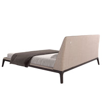 Retro del Letto Mara matrimoniale con testata in tessuto grigio chiaro e struttura in acciaio nero, design contemporaneo.