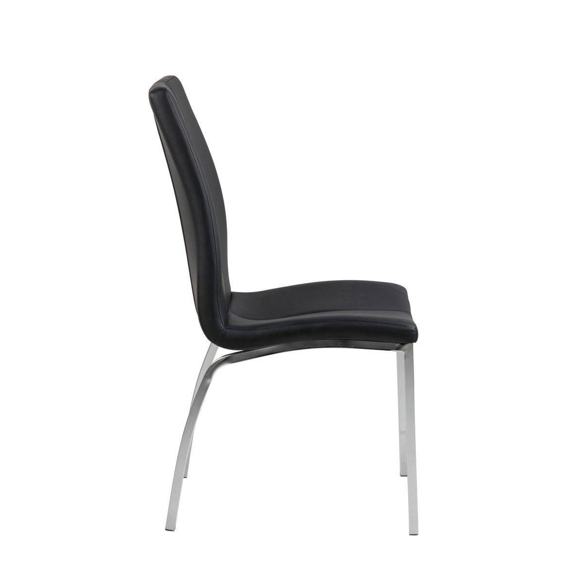 Vista laterale della sedia Arosa con seduta in ecopelle nera e struttura in metallo cromato, design ergonomico e minimalista.