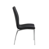 Vista laterale della sedia Arosa con seduta in ecopelle nera e struttura in metallo cromato, design ergonomico e minimalista.