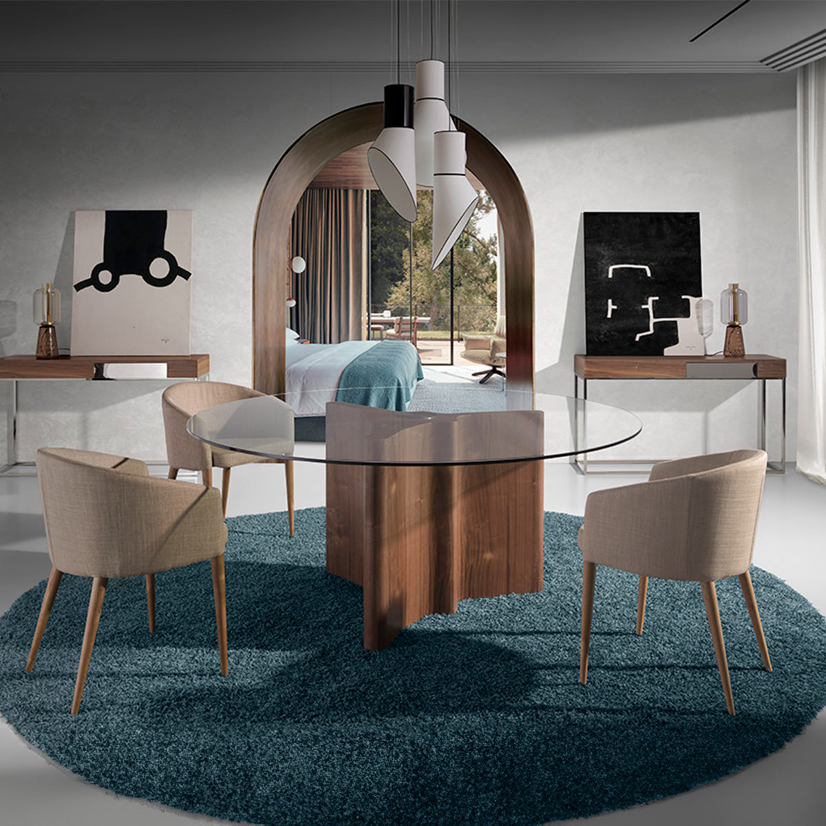 Set di sedie Lowell attorno a un tavolo in vetro e legno in un ambiente moderno e luminoso.