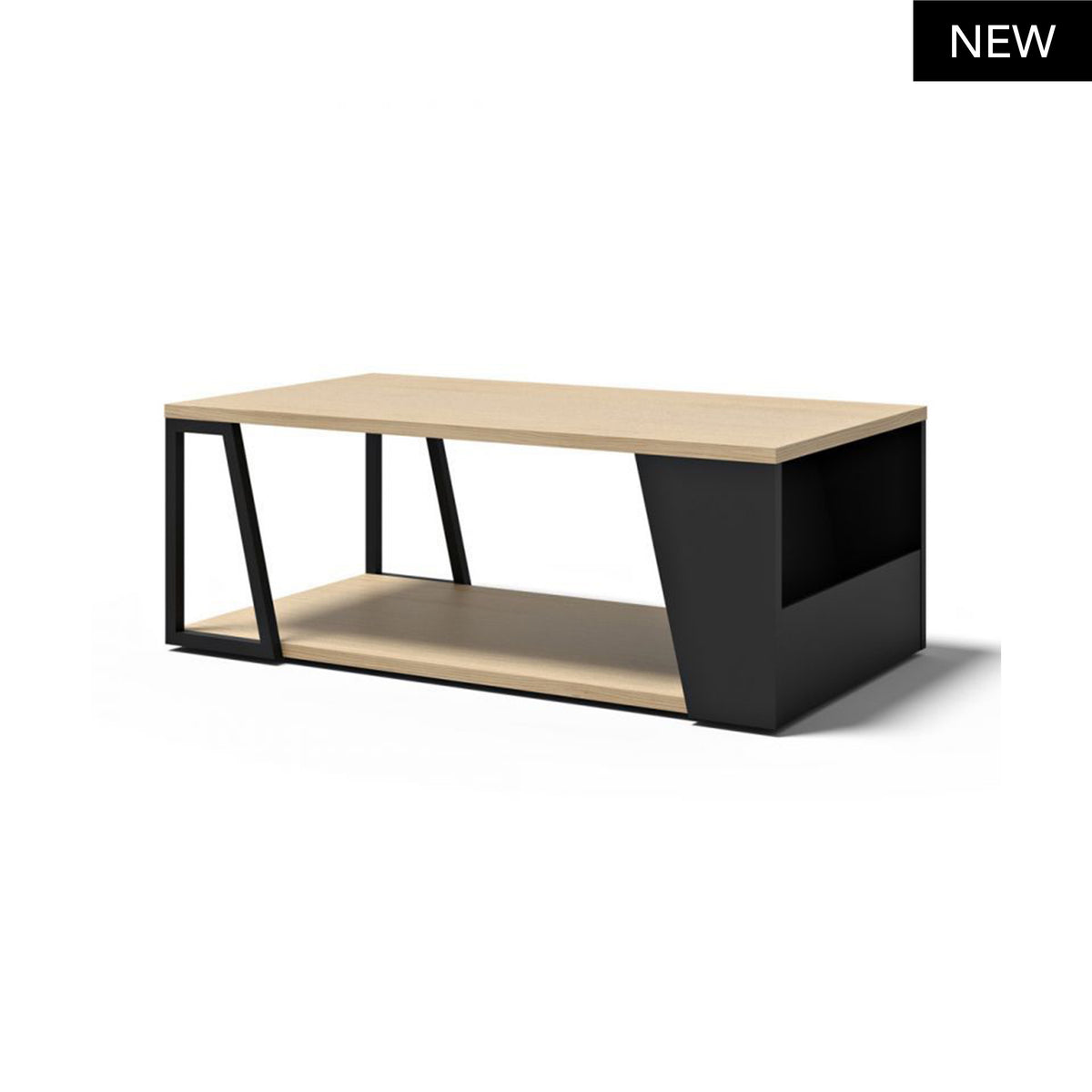 Tavolino Albi con piano in legno chiaro e struttura nera. Design minimalista e funzionale, ideale per un soggiorno moderno ed elegante.