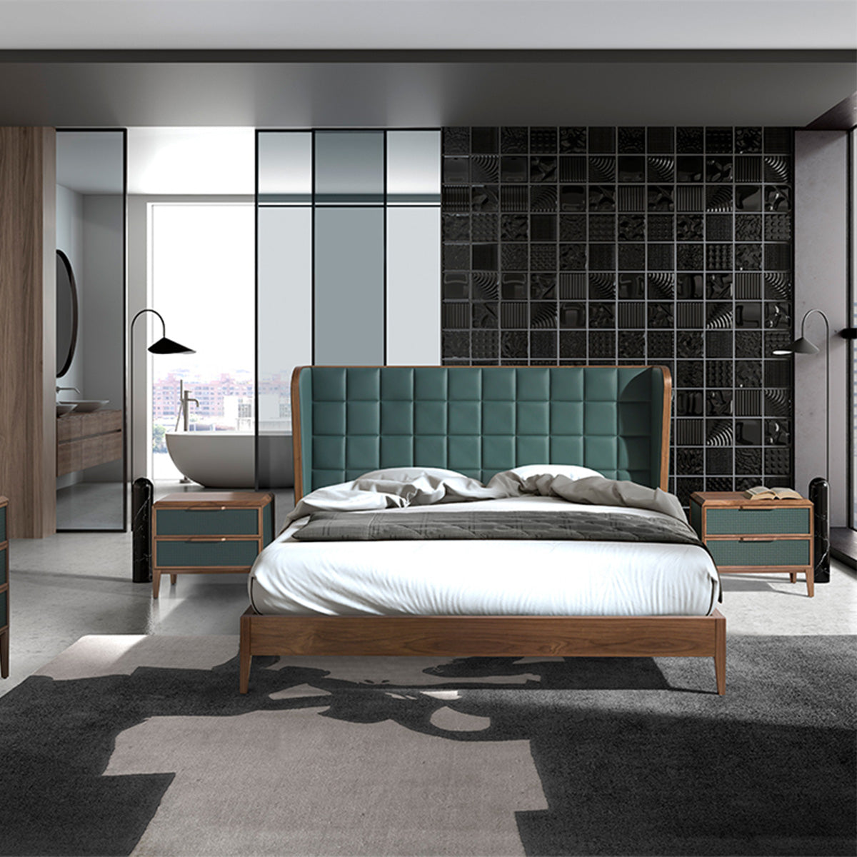 Letto Madrid in una camera moderna con testata verde scuro e struttura in legno noce, abbinato a comodini coordinati.