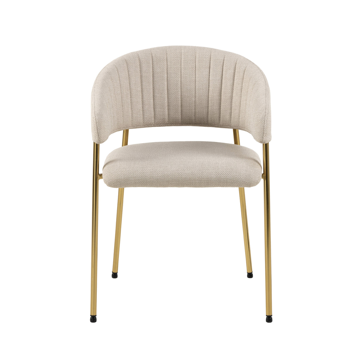 Vista frontale della sedia Brooke beige con seduta imbottita e gambe in metallo dorato, perfetta per comfort e stile.
