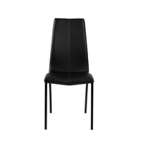 Vista frontale della sedia Arosa con struttura in metallo nero opaco e seduta in ecopelle nera, design moderno e lineare.