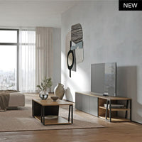 Tavolino Albi in legno chiaro in un soggiorno luminoso con mobili coordinati. Perfetto per un ambiente armonioso e funzionale con spazio contenitivo.