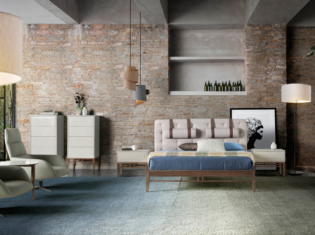 Scopri Comodino Mara, design moderno con gambe in legno noce e doppio cassetto push. Tenuta ordinata e stile in camera tua. Misure: 60x40x50 cm.